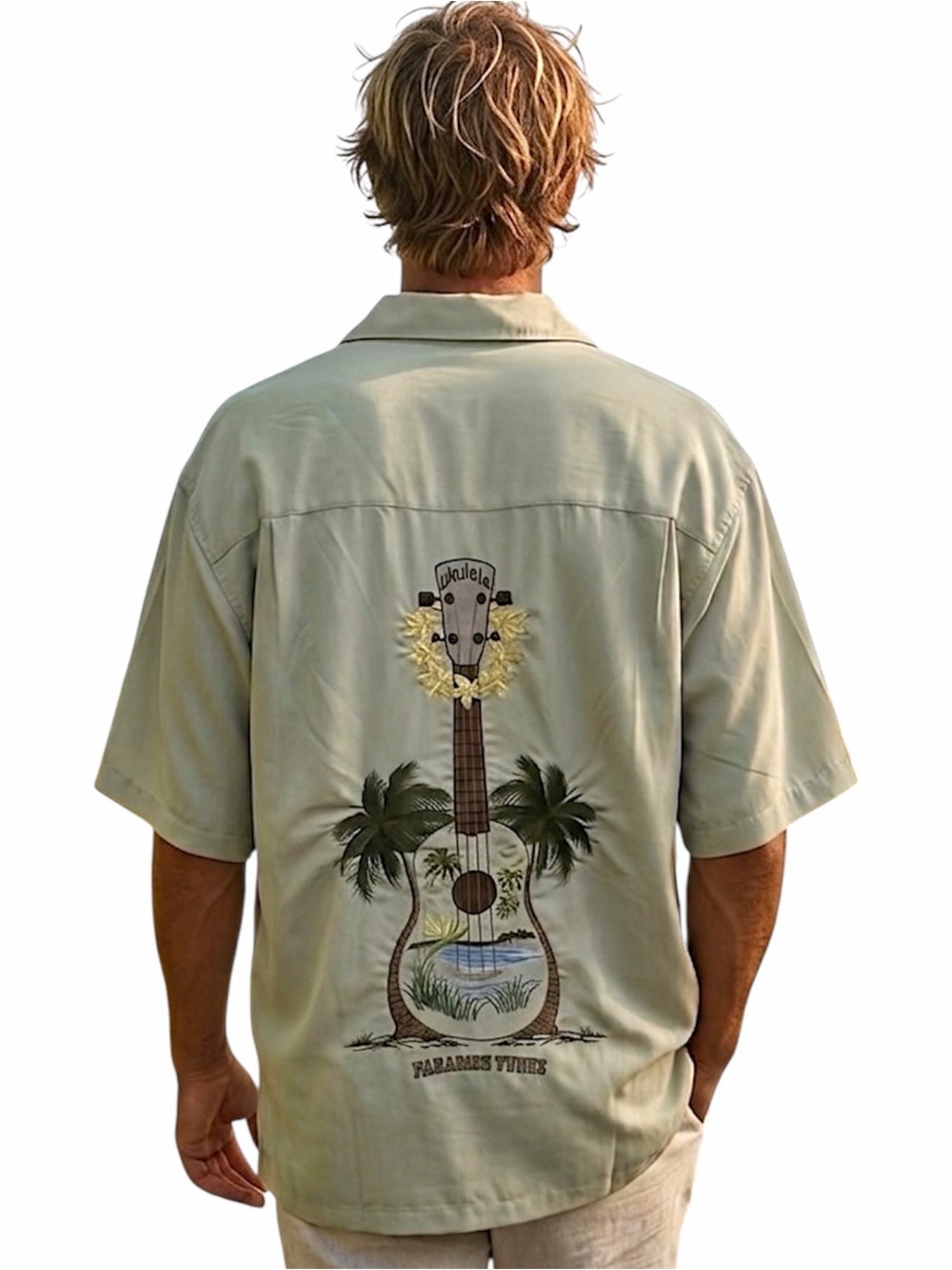 BAMBOO CAY Ukulele Island Embroidered Polynosic Camp Shirt XL Hawaiian